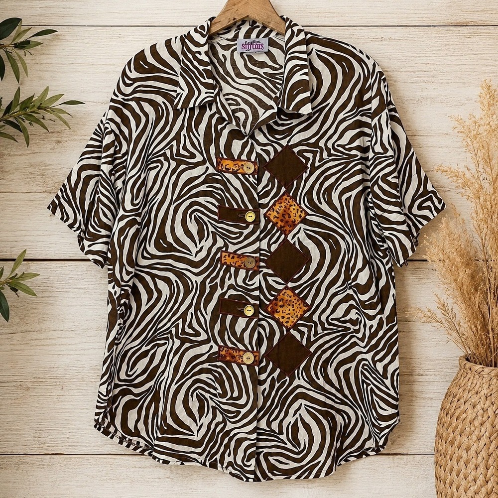 Vintage Zebra Animal Print Button Front Blouse Women L Safari Resort Cruise Top